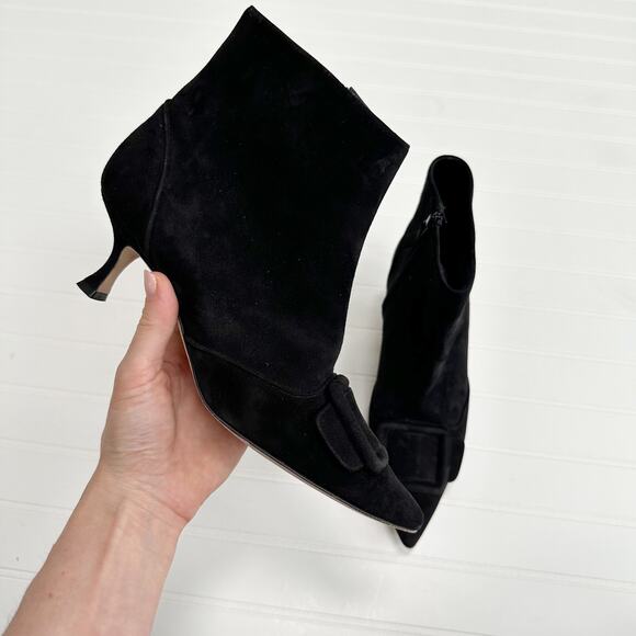 Manolo Blahnik Baylow Black Suede Ankle Boots Maysale Buckle Heel 50mm Size 38.5 - Picture 9 of 16